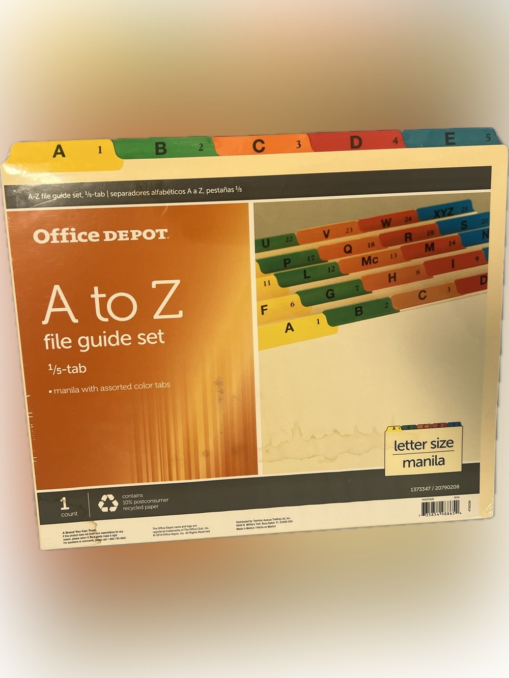 New A to Z Manila File Guide Set 1/5 Tabs Assorted Colors File Cabinet Office